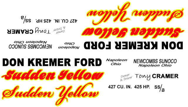 Kremer Ford Sudden Yellow NHRA 1/24th Scale Waterslide Drag Decals