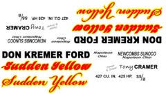 Kremer Ford Sudden Yellow NHRA 1/24th Scale Waterslide Drag Decals