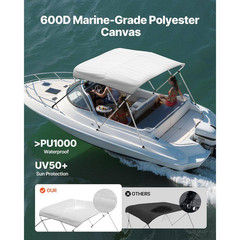 3 Bow Boat Bimini Top, Durable 600D Polyester Cover, Aluminum Frame, Water-Resis