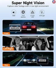 360° Dash Cam Front and Rear Inside, 4 Channel Dash Camera for Cars FHD