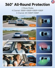 360° Dash Cam Front and Rear Inside, 4 Channel Dash Camera for Cars FHD