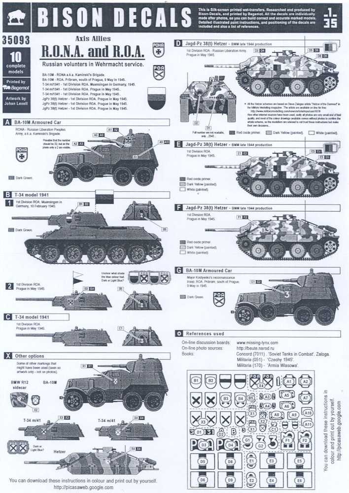 Bison Decals 1/35 AXIS ALLIES R.O.N.A. & R.O.A. Russians in Wehrmacht Service