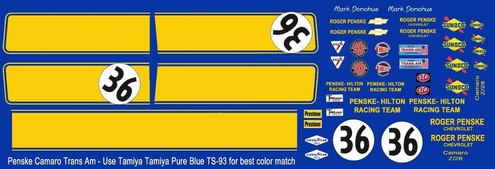 #36 Mark Donohue Sunoco Penske Camaro 1967-68-69 1/24th Scale Waterslide Decal