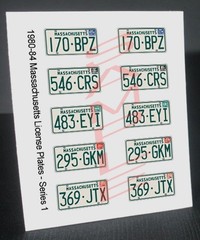 1980 – 1984 MASSACHUSETTS miniature novelty PLATES for 1/25 scale MODEL CARS