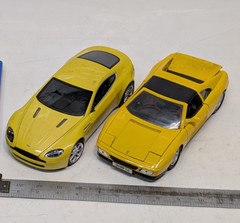 2 Racing Yellow Vintage Model Sports Cars Ferrari 348ts, Aston Martin V8 Vantage