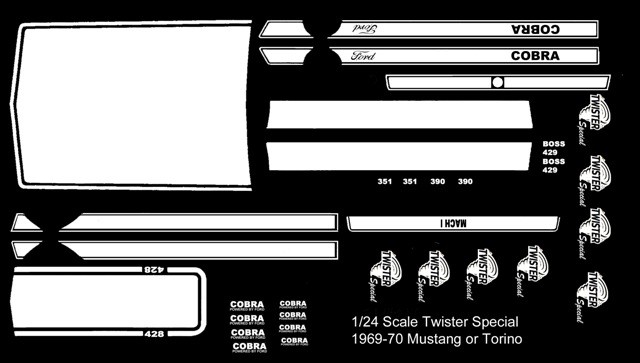 1969-70 TWISTER Mustang or Torino White stripes / logos 1/24th – 1/25th Decals