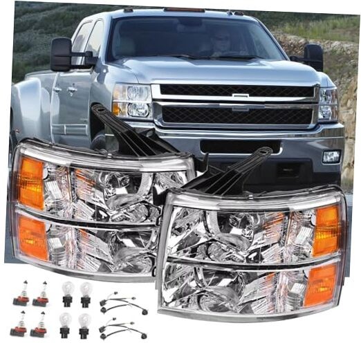 2PCS Headlights Assembly W/Bulbs and Harness For 2007-2013 Chevy Silverado