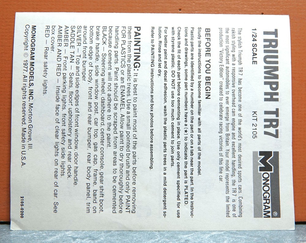 1/24 MONOGRAM TRIUMPH TR7 # 2105 (INSTRUCTIONS ONLY)