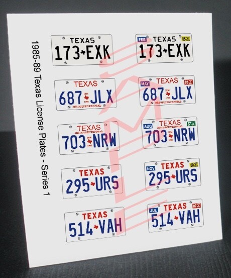 1985 – 1989 TEXAS miniature LICENSE PLATES for 1/25 scale MODEL CARS—PLS READ