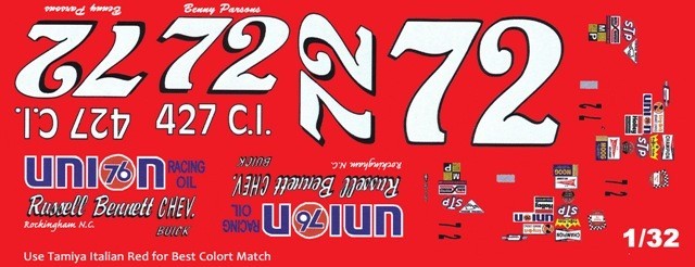 #72 Benny Parsons Bennett Chevrolet 1972-73 1/24th Scale Decals