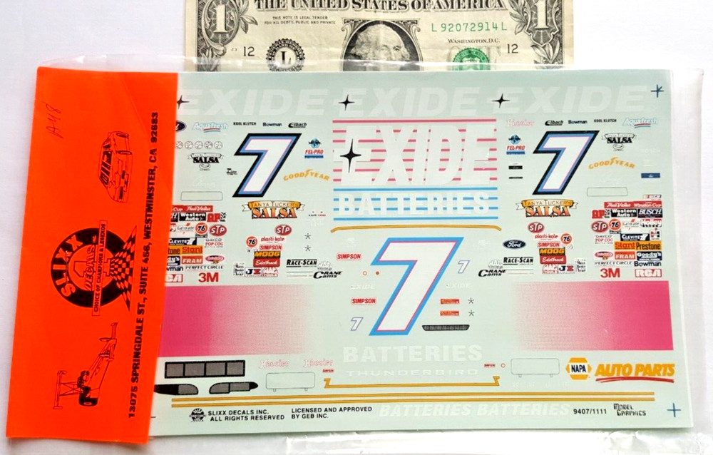 SLIXX 1/24 1/25 Water Slide Decals NASCAR EXIDE Batteries Thunderbird #7 BHA48