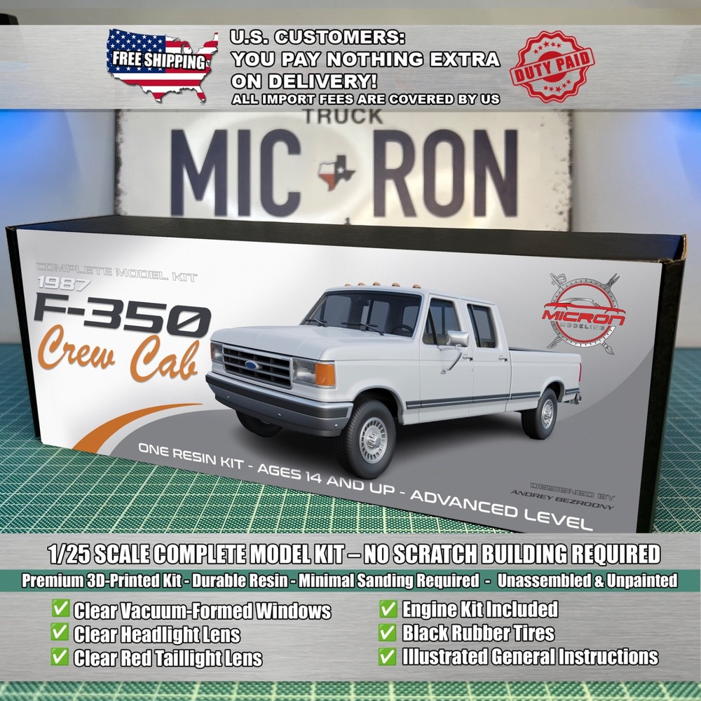 1/25 1987 Ford F-350 Crew Cab Truck Resin Model Kit with Engine, Tires & Clears