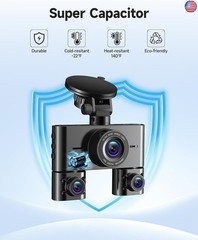 360° Dash Cam Front and Rear Inside, 4 Channel Dash Camera for Cars FHD