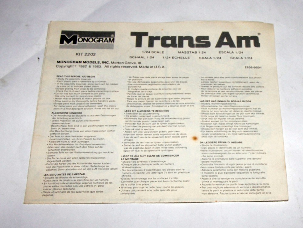 1983 Monogram Trans Am Model kit instructions only 2202 1/24