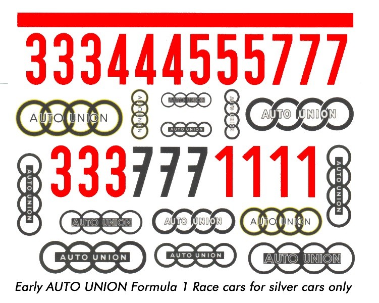 AUTO UNION Formula 1 from the early days 1/24th – 1/25th Scale Decals