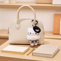 Elegant White Cat Plush Bag Charm with Plaid Skirt and Beret