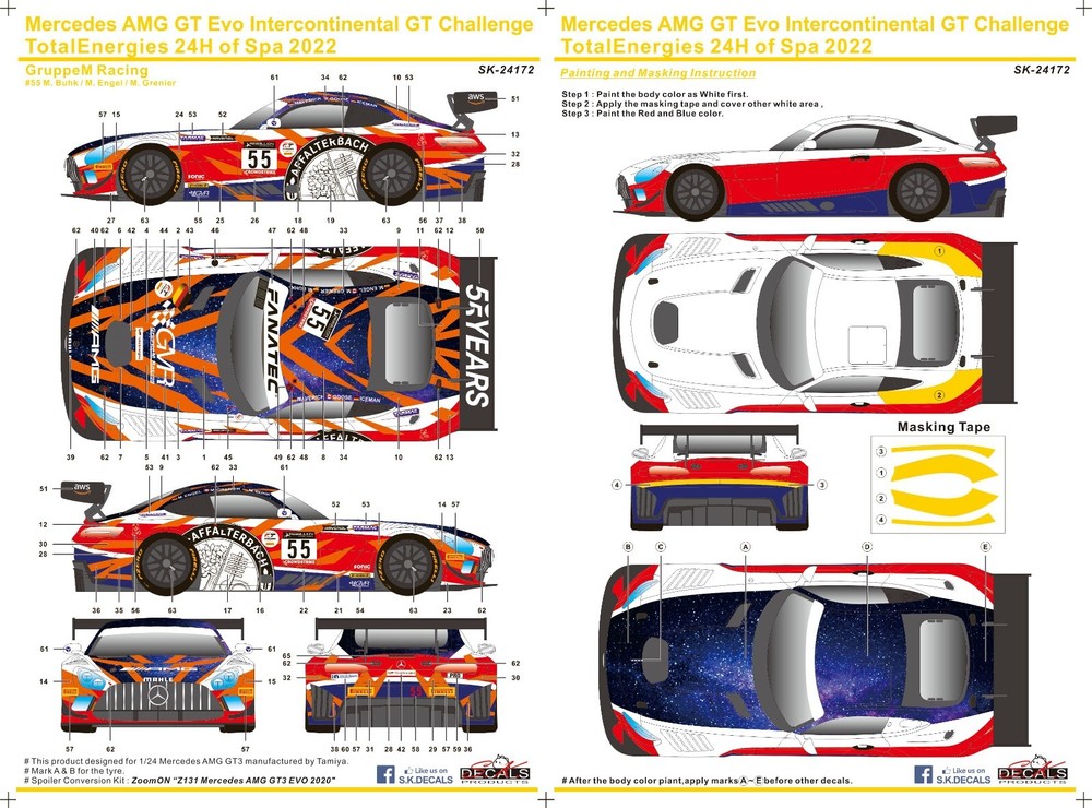 S.K. Decals SK24172 1:24 Mercedes AMG GT Evo IGTC 24Hour of Spa 2022 Decal Sheet