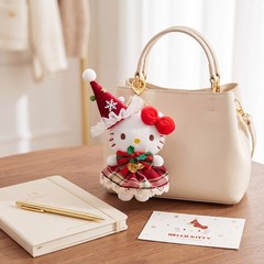 Holiday White Cat Plush Bag Charm with Festive Plaid Dress and Christmas Hat