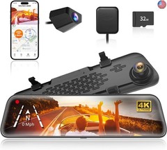 WOLFBOX G840S 12″ 4K Mirror Dash Cam Backup Camera, 5.8GHz WiFi Smart Rearview