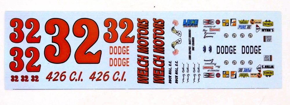 Decal Lobo Graphix Marty Robbins 1967 Dodge Charger Welch Motors #32 NASCAR