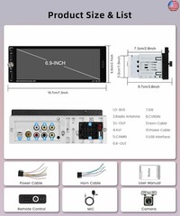 Car Stereo Single Din Wireless Carplay 6.9 inch Touch Screen Android Auto,
