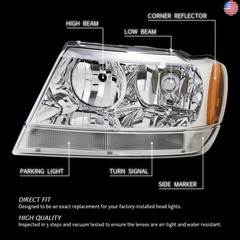 DNA Motoring HL-OH-JGC99-CH-AM Chrome Amber Headlights Assembly Replacement