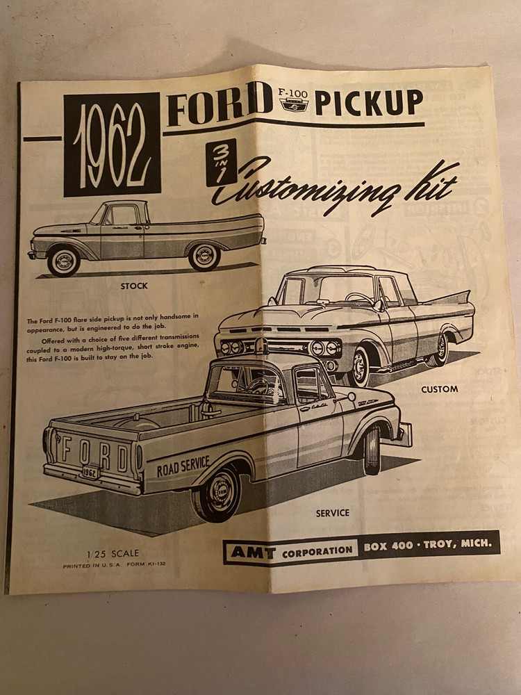 Vintage Annual AMT 1962 Ford F100 Pick Up Model Kit Instructions Sheet