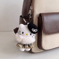 Elegant White Cat Plush Bag Charm with Plaid Skirt and Beret