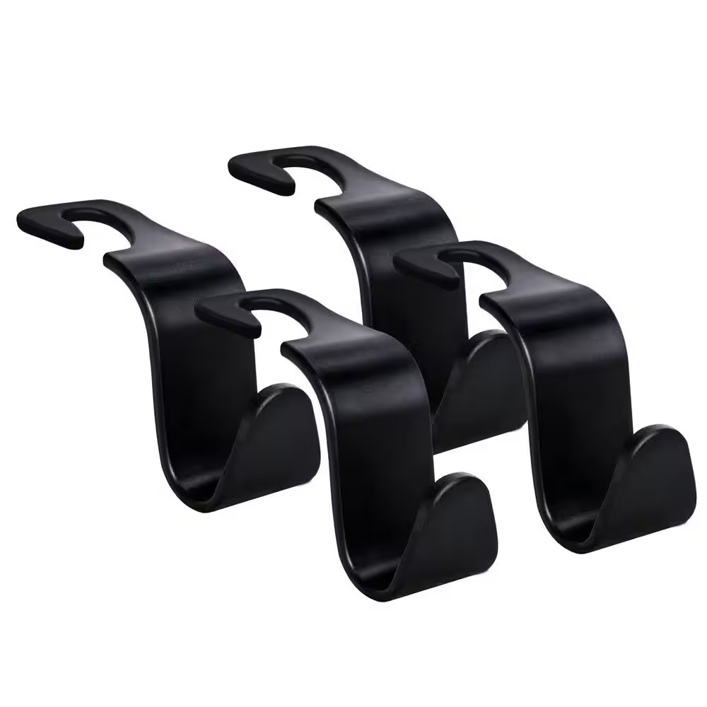 4-Pack Black Plastic Car Seat Headrest Hooks with 360° Rotation, 55 Lb. Capacity