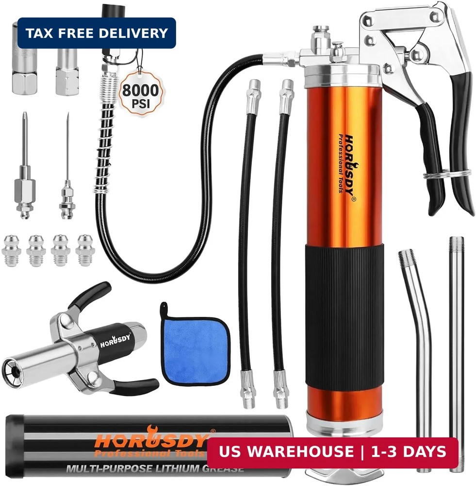 18-Piece 8000PSI Heavy Duty Grease Gun Kit with 14oz Grease, 2×11″ Hoses, Flex H