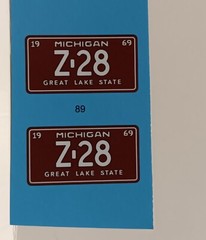 1969 Chevy Camaro Z28 1/12 Decal Sheet Michigan License Plate Great Lake State