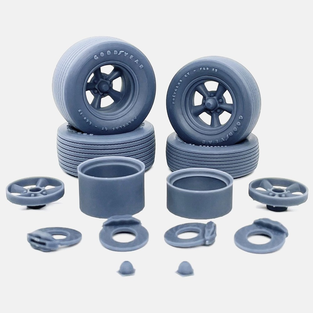 1/12 Resin 15 inch Torq Thrust D Wheels, Goodyear Polyglas Tires, and Brakes