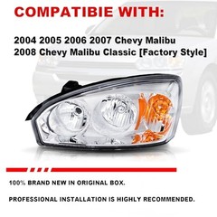 Headlight Assembly Chrome Amber Compatible with 2004-2007 Malibu Headlights
