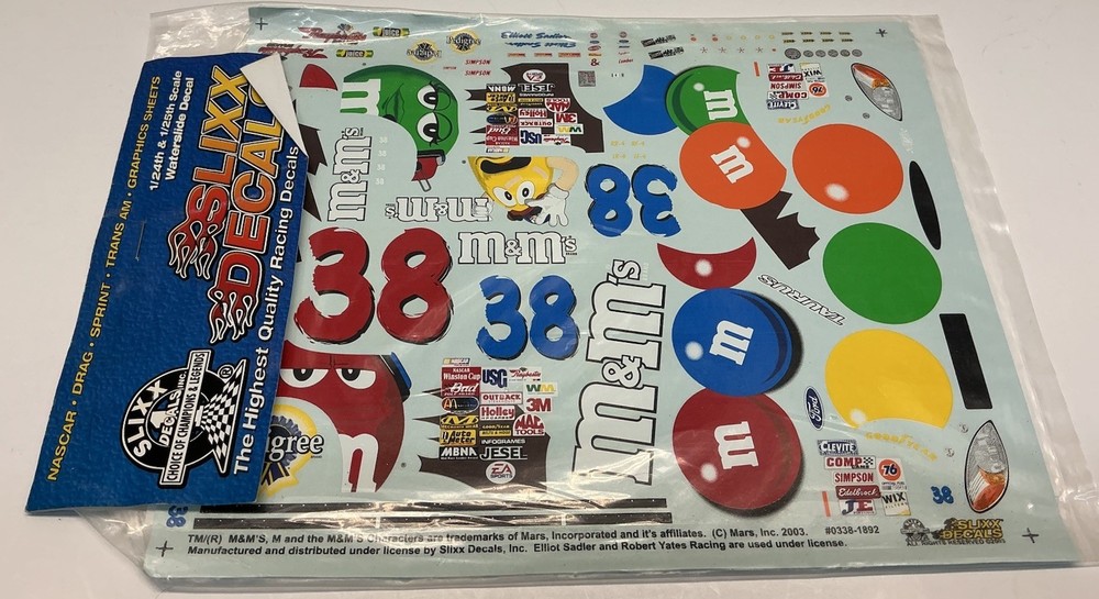 Slixx Decals 1:24-1:25 Scale #38 Elliott Sadler M&M’s Ford