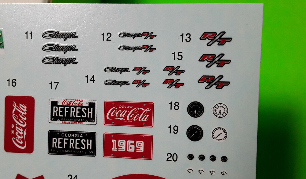 69 Dodge Charger RT 1/25 MPC Emblems Scripts Gauges Waterslide Decal Sheet