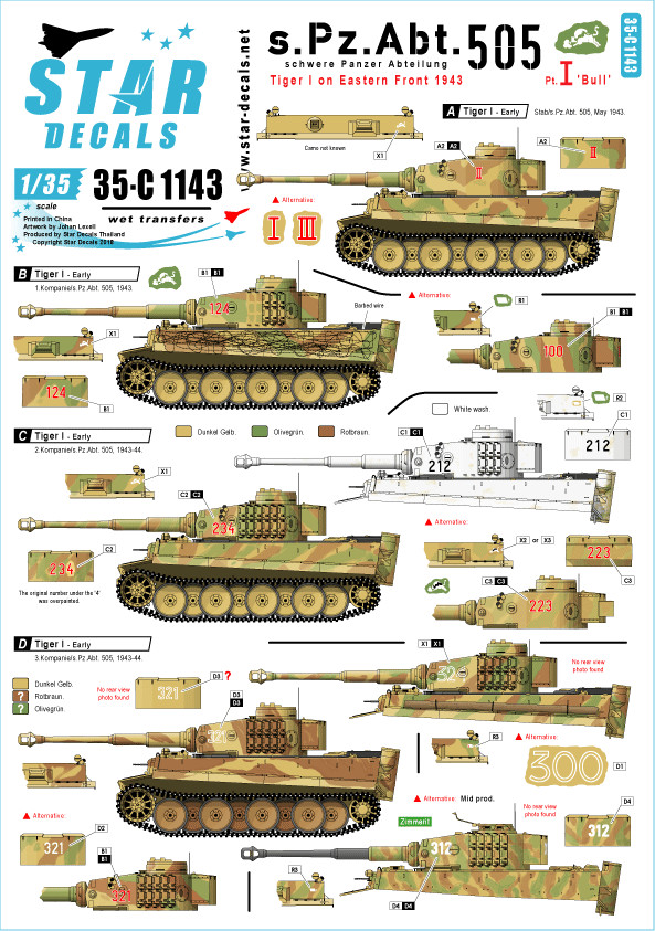 Star Decals 1/35 s.Pz.Abt.505 Part 1: Tiger I the Eastern Front decal 35C1143 x