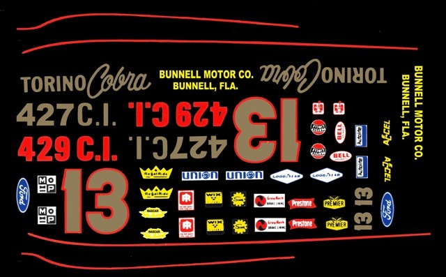 #13 Smokey Yunick Ford Torino 1/24th – 1/25th Scale Waterslide Nascar Decals