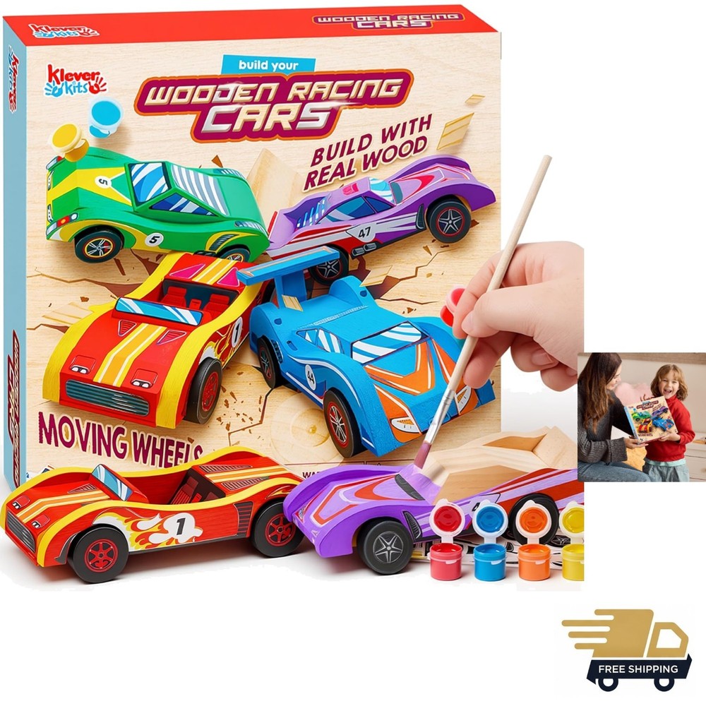Wooden Race Car Craft Kit – 4 Small DIY Toys for Kids Boys Girls Ages 8+