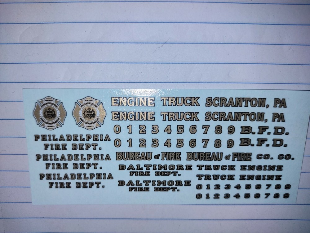 Philadelphia Fire Dept. Baltimore MD, Scranton Pa 1/25th Scale Decals