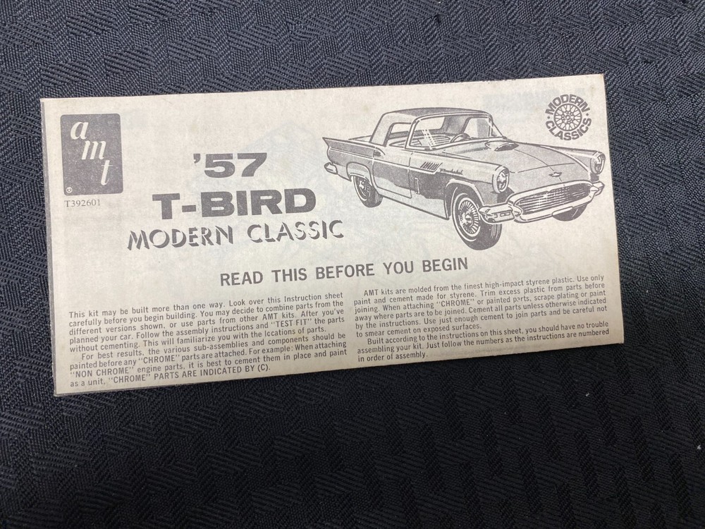 AMT 1957 Ford Thunderbird T392 T-Bird 1974 Modern Classics Instructions Vintage