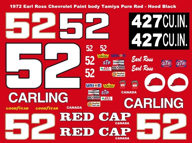 #52 Earl Ross Red Cap Beer Carling Chevy 1/24th – 1/25th Scale Decals