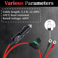 2PCS 12 AWG Heavy Duty Cigarette Lighter Plug, 3.3 FT Cigarette Lighter Male Plu