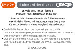 1:24 3D License Plates for scale model Cars US Hawaii to Massachusetts