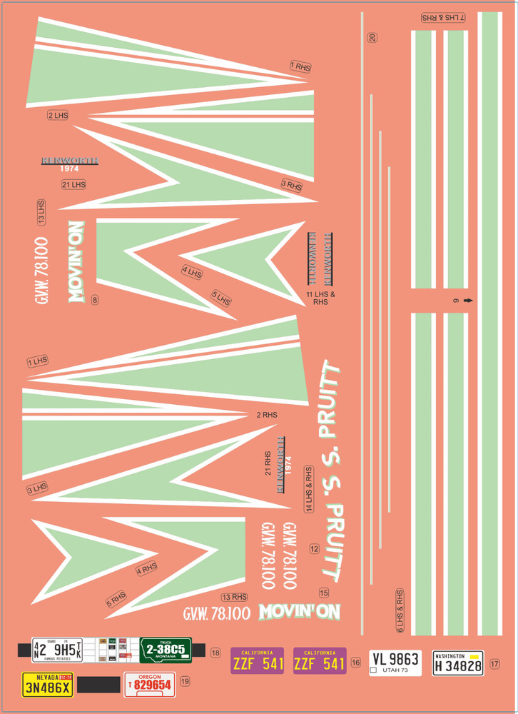 Kenworth W9xx “Movin’ On” Light Green & White − Multi-Scale Waterslide Decals