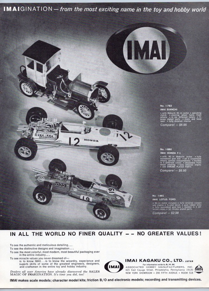 1968 Imai Kagaku Model Kits Vintage Toy Ad Honda F-1 Lotus Ford Bianchi