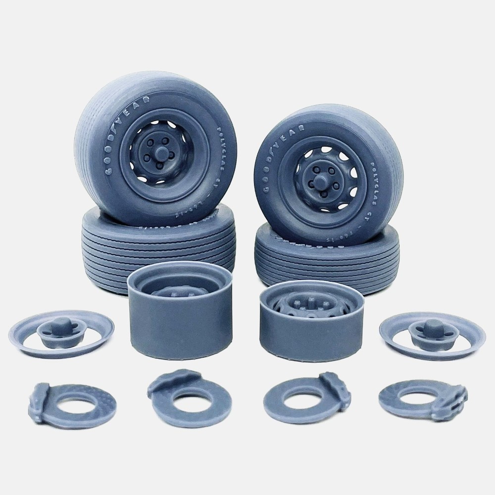 1/25 Resin 15 inch Mopar Rallye Wheels, Goodyear Polyglas Tires, and Brake Set