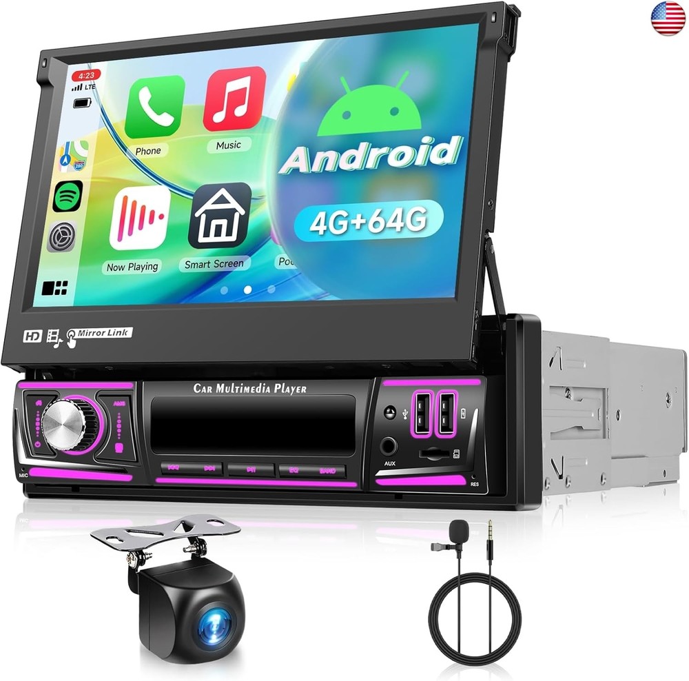4G+64G Android Car Stereo Single Din with Foldable Touchscreen Wireless