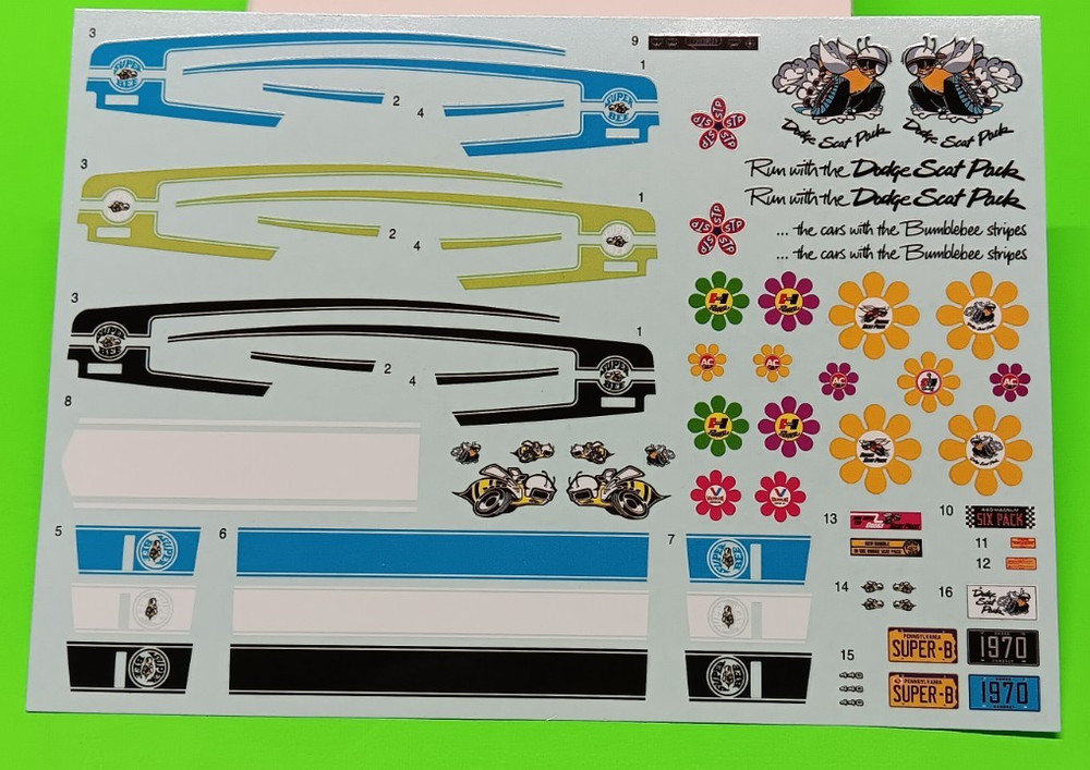 Decal Sheet 1970 Dodge Coronet Super Bee 1/25 MPC Blue Black Green White Stripes