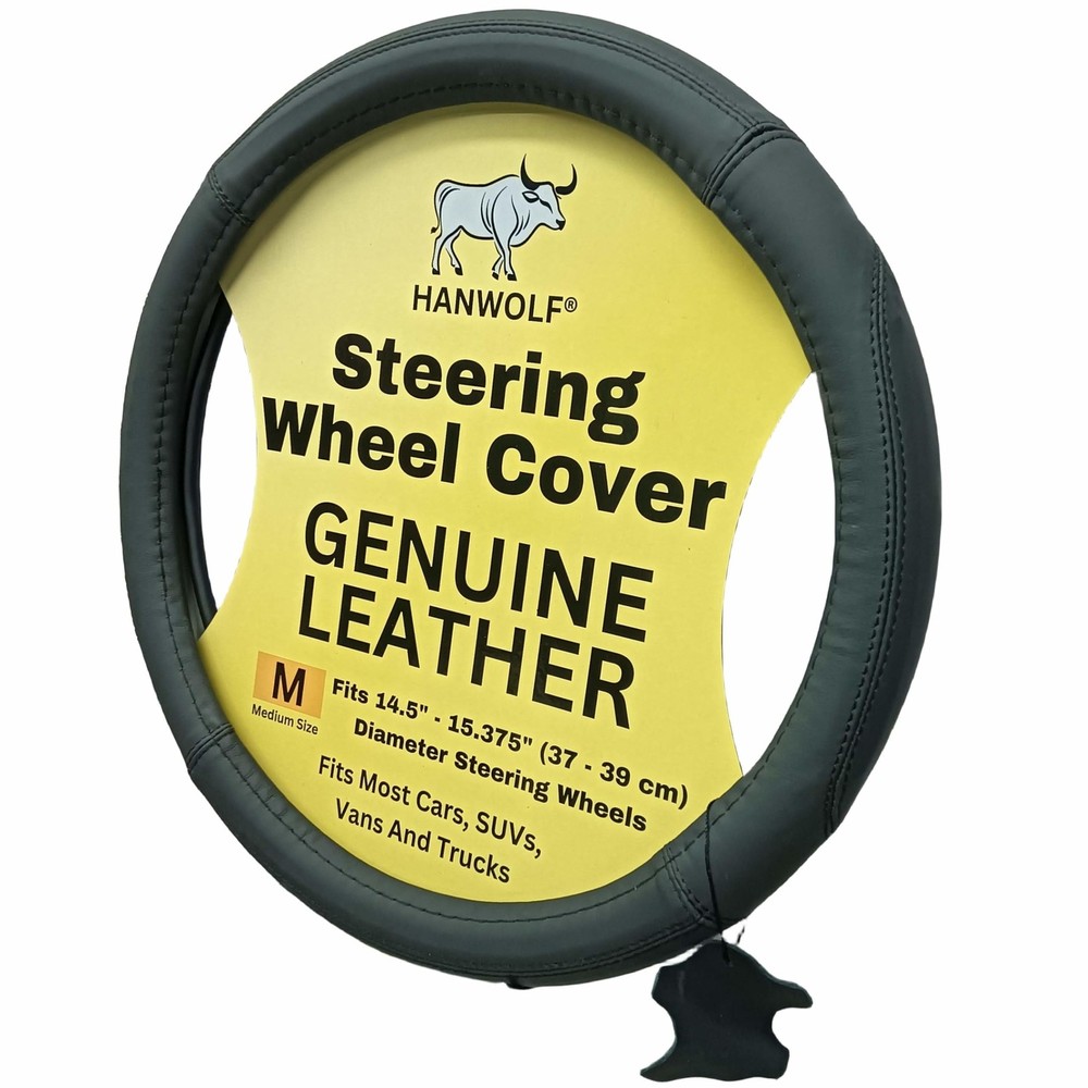 Steering Wheel Cover Black Real Genuine Leather 15 Inch For Men And Women