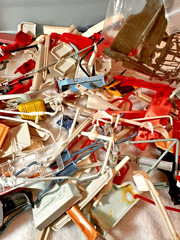 JUNK YARD SUPPLIES Misc. Left Over Model Car and Airplane Parts in Sterilite Tub